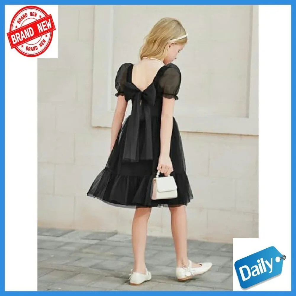 Girls Tulle Dress Puff Sleeve Bow Back Party Holiday Spring Summer Size